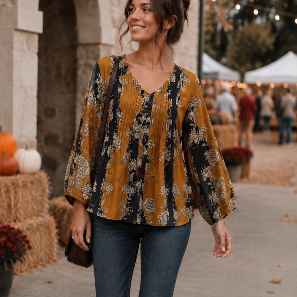 Cotton Babydoll Button Up Blouse Shirt M Dark Floral Artsy Boho Festival Autumn